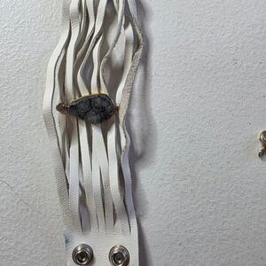 White Leather Multi Strand Fringe Cuff Bracelet with Grey Druzy Stone Boho Wide